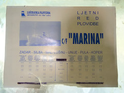 letzter Fahrplan des Motorschiffes Marina, damals von Zadar ber Silba, Mali Losinj, Unije, Pula nach Koper